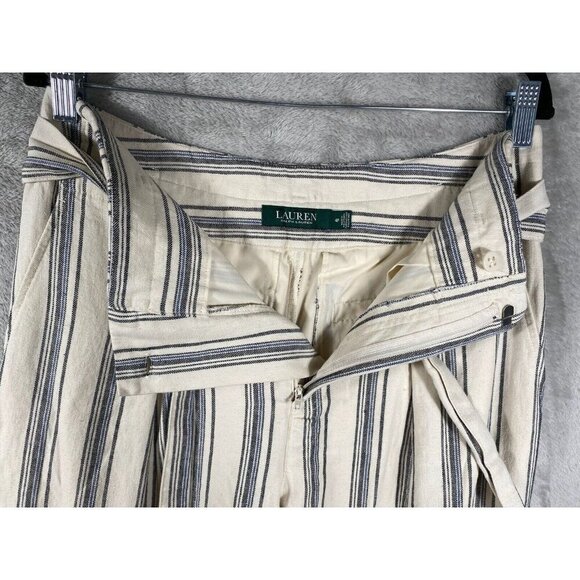 Lauren Ralph Lauren Striped Linen-Blend Pants Size 4P | Belted High-Waist | - Picture 7 of 13